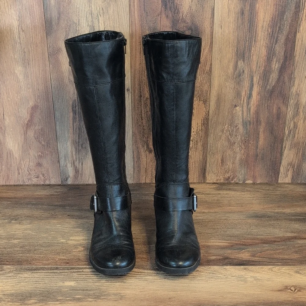 Nine West Black Leather Over the Knee Buckle Boots 10M M689